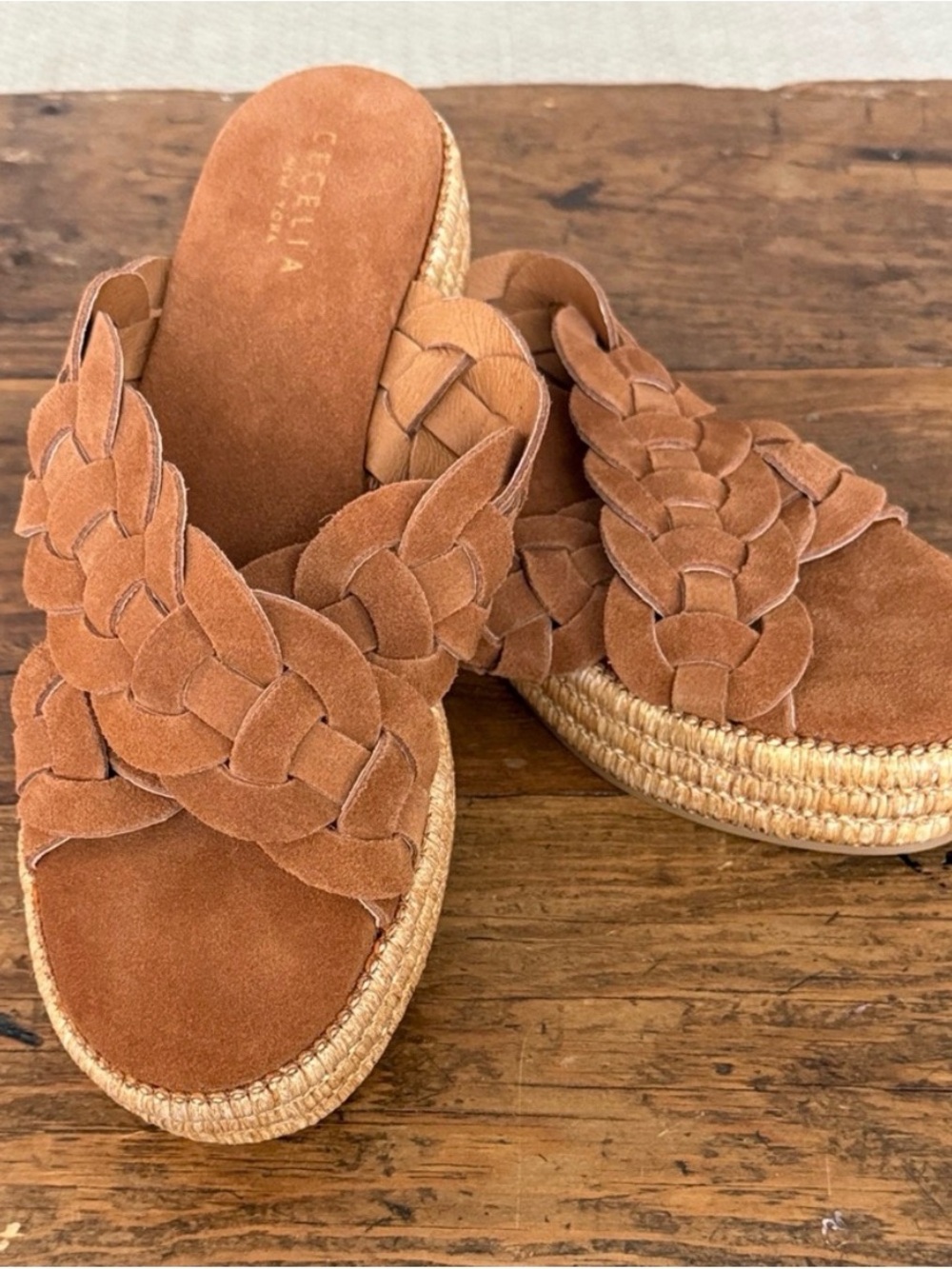 CECELIA NEW YORK Tan Braided Suede Espadrille Mules